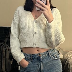 W&W | Cream V-Neck Floral Button Cardigan Sweater